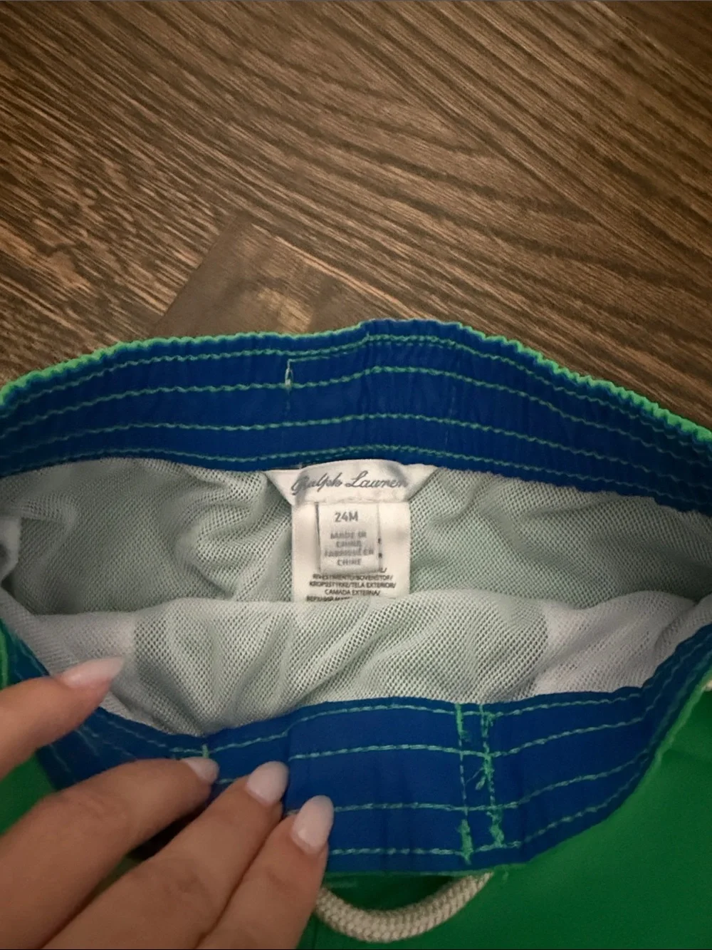 Ralph Lauren Bright Green Boys' Swim Shorts with Blue Polo Logo